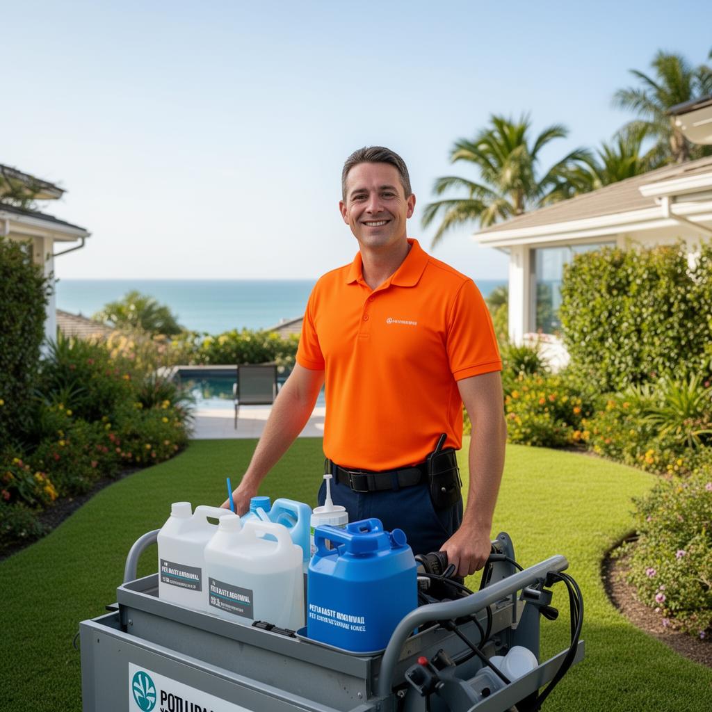 DoodyCalls uniformed technician with clean professional equipment in a coastal residential yard